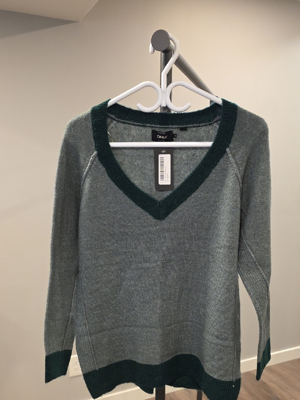 ONLY Heather Green V-Neck Sweater with Dark Green Trim